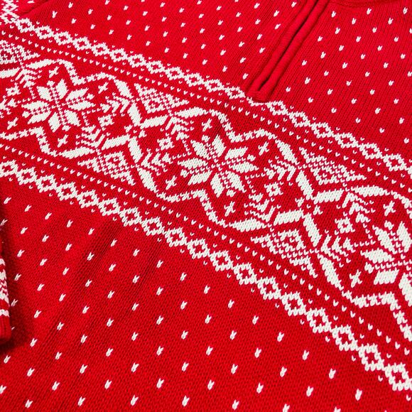 Lands End Sweater Mend Large Red Knit 1/4 Quarter Zip Nordic Fair Isle Cotton - Picture 4 of 10
